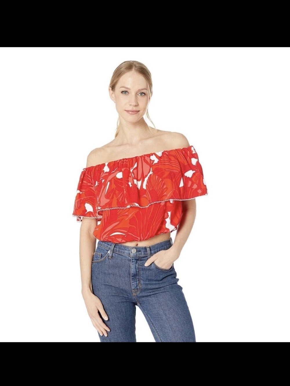 Trina Turk Terrance Tropical Off The Shoulder Ruffle Top